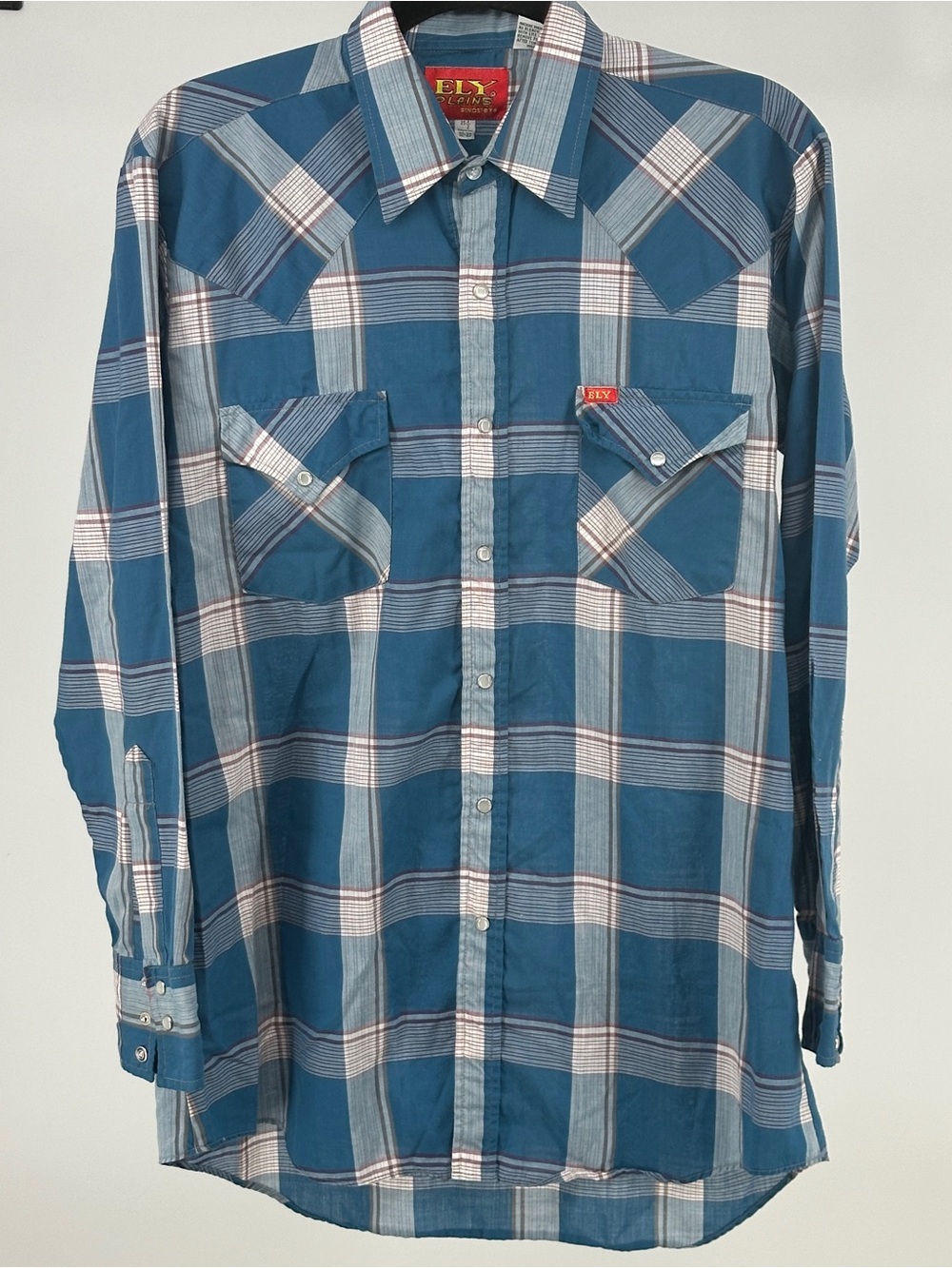 Vintage Ely Teal White Plaid Long-Sleeve Button-Down Shirt Pearl‎ Snap